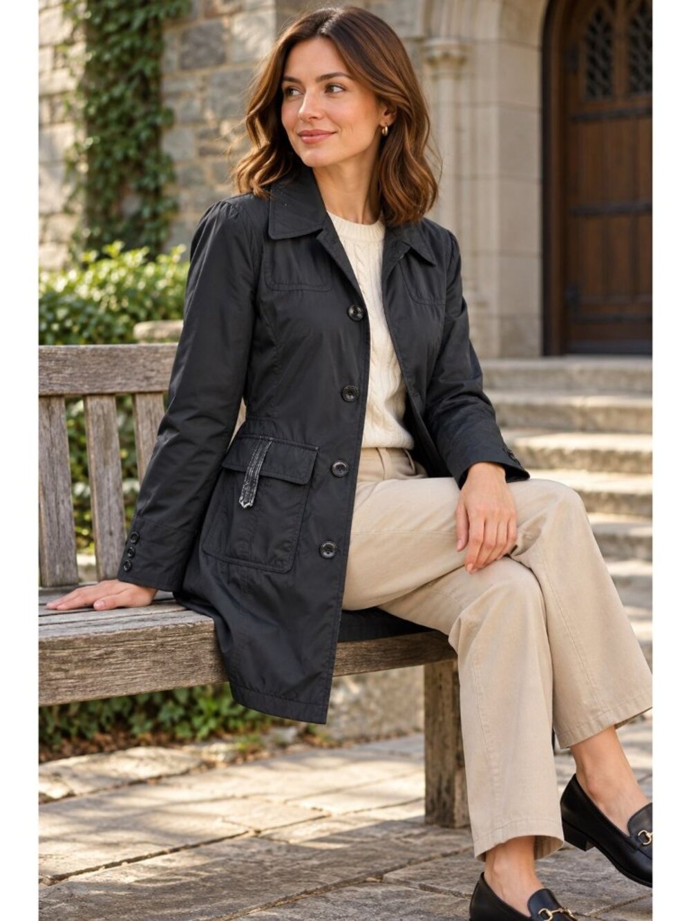 Kenneth Cole Reaction Trench Coat Womens SM Black Button Front Utility Pockets